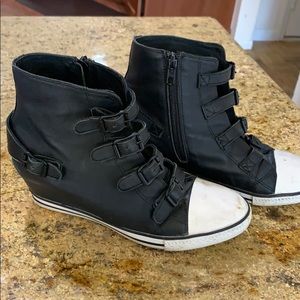 Ash Black leather ankle wedge sneakers